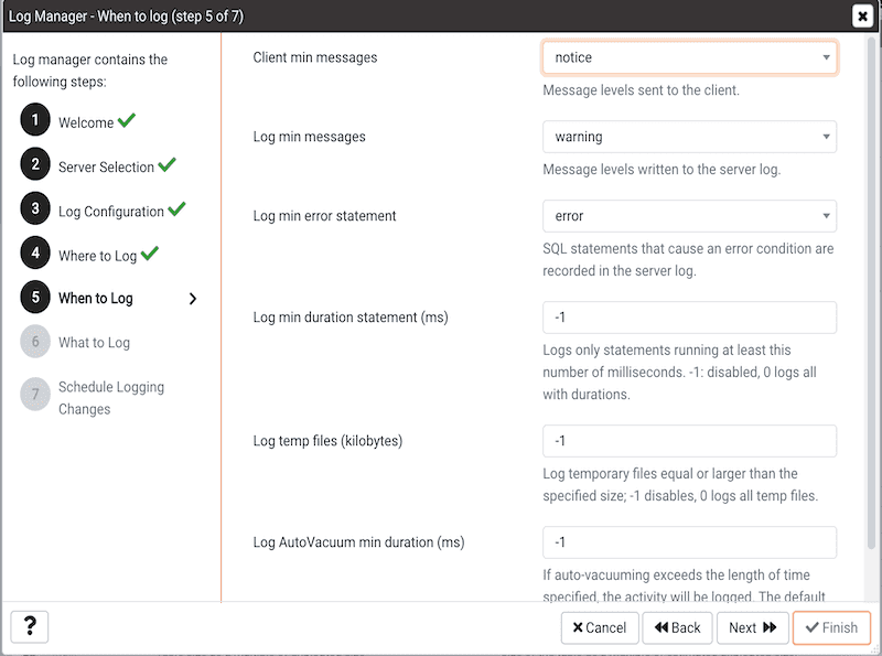 Log Manager Wizard - When to Log page