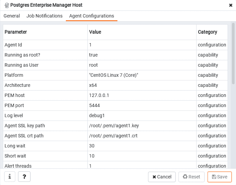 PEM Agent Properties dialog - Agent Configurations tab