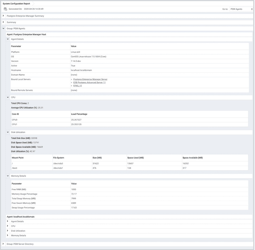 System Configuration Report - PEM Agents