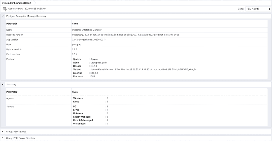 System Configuration Report - PEM Summary and Summary